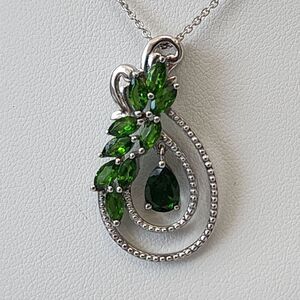 D'Joy Sterling Silver Necklace With Green Gemstone Pendant 20" Chain 925 Stamped